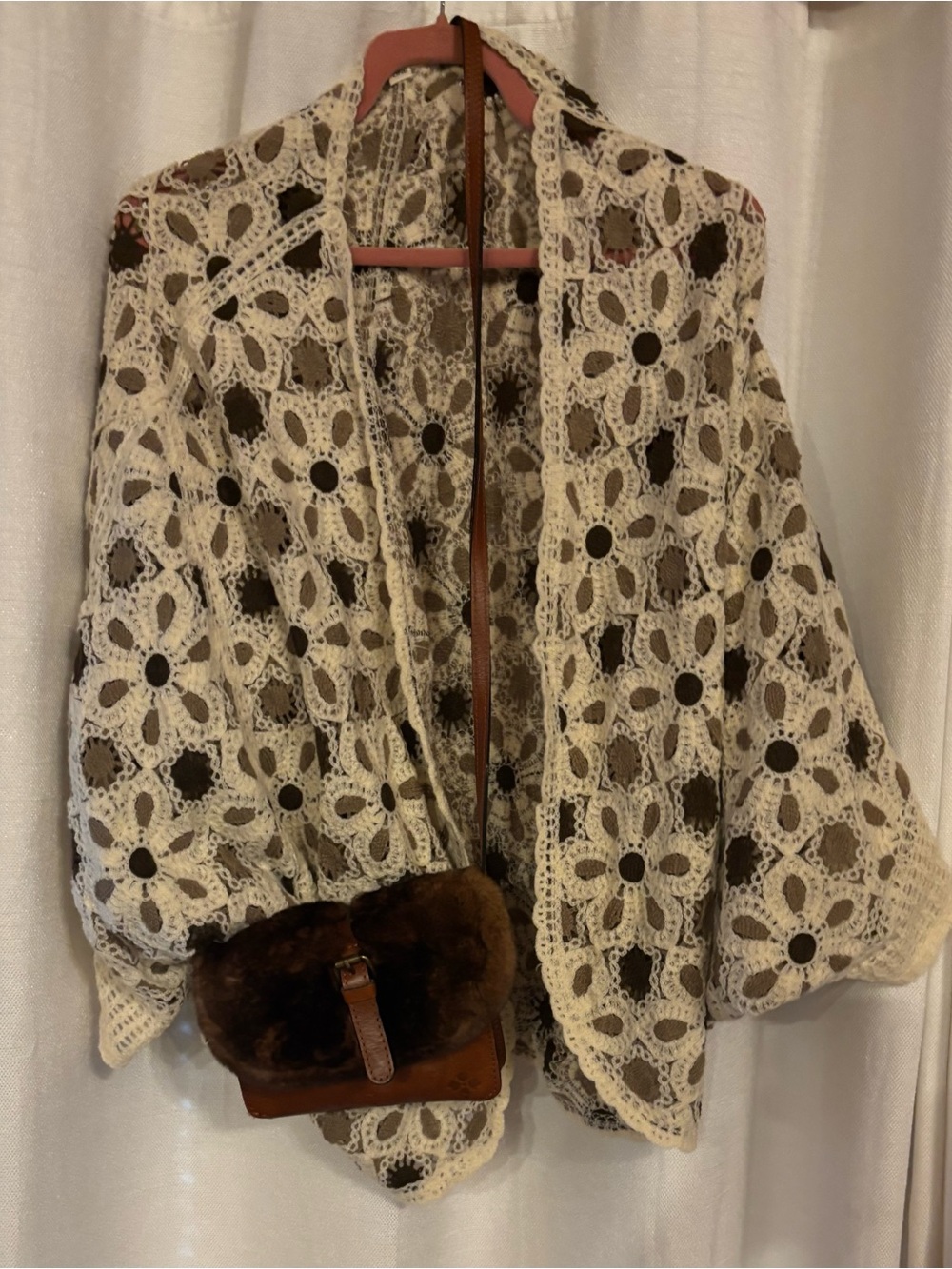 POL Crochet Floral cardigan in Cream and Brown
